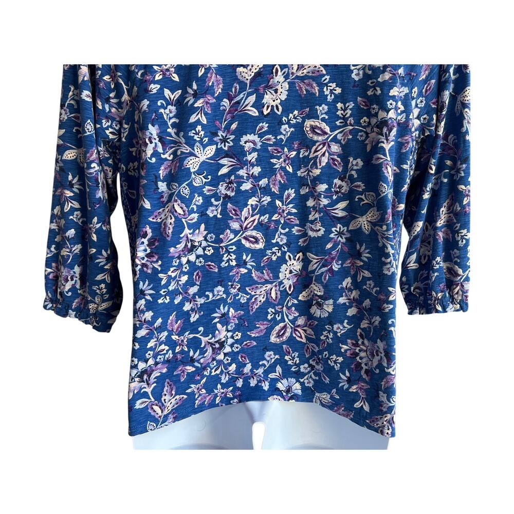 J. JILL BLUE FLORAL SPLIT V-NECK BLOUSE BOHO BORDER PRINT WOMENS LARGE TALL - Picture 8 of 11